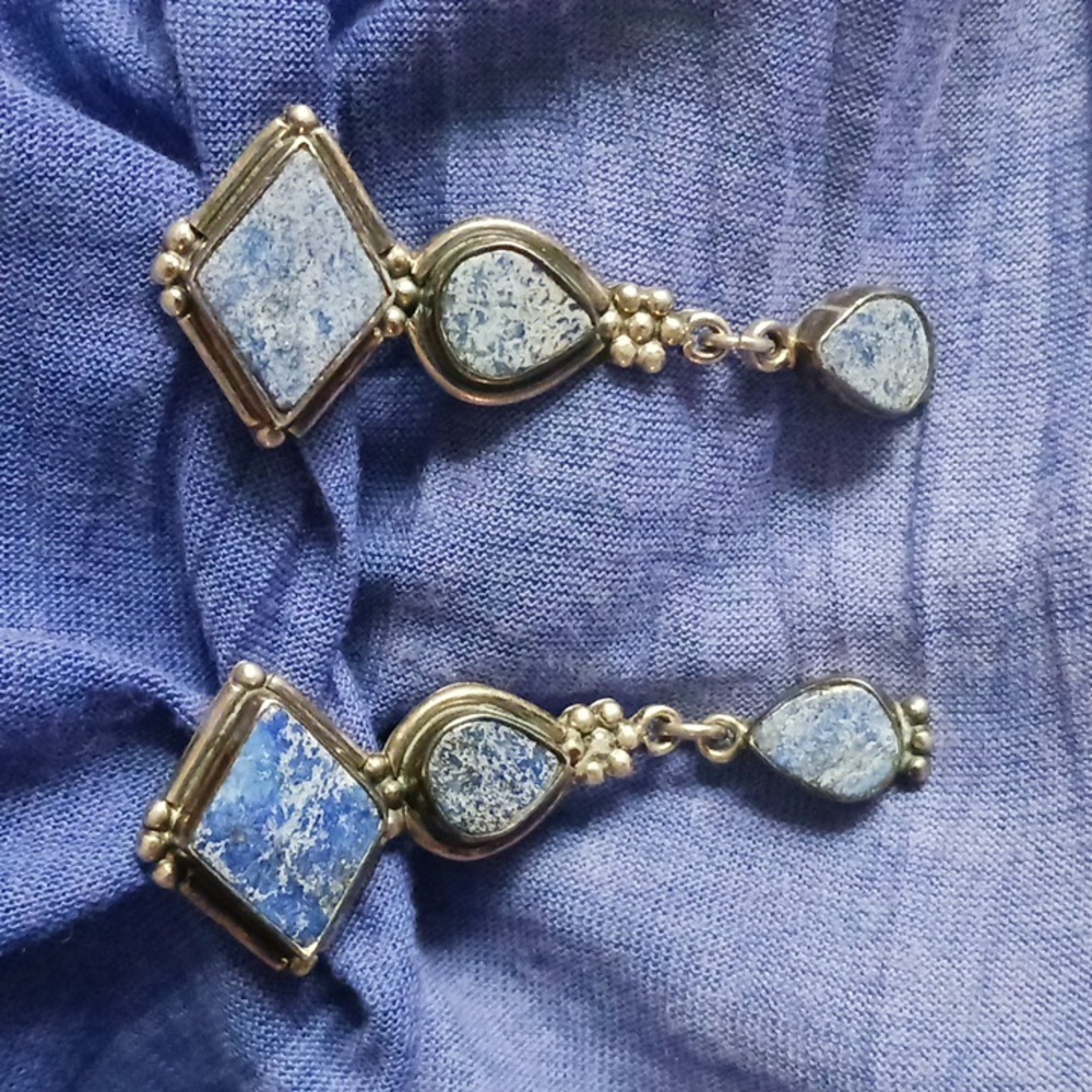 Lapiz and Silver Signed VTG Earrings.